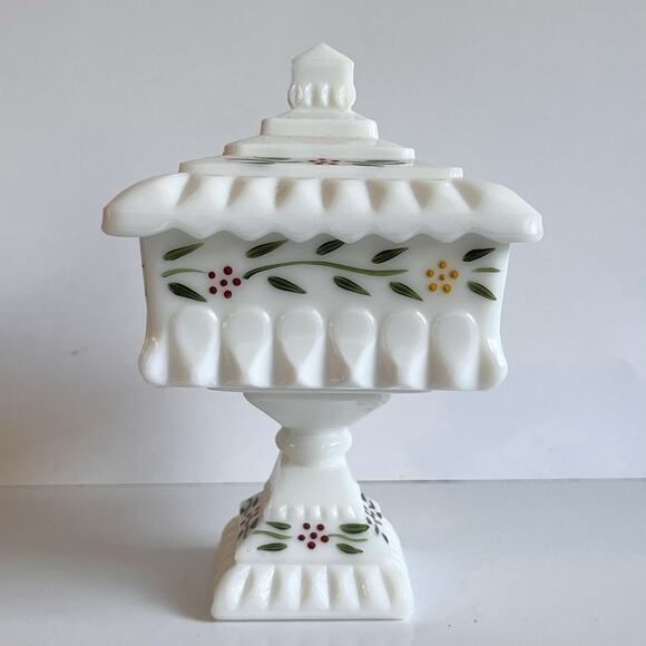 Vintage Hand Painted Milk Glass Footed Candy Dish With Lid - Picture 1 of 3